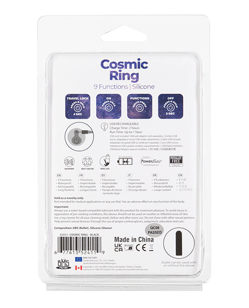 Power Bullet Cosmic Cock Ring w/Rechargeable Bullet - 9 Functions Black - Image 2