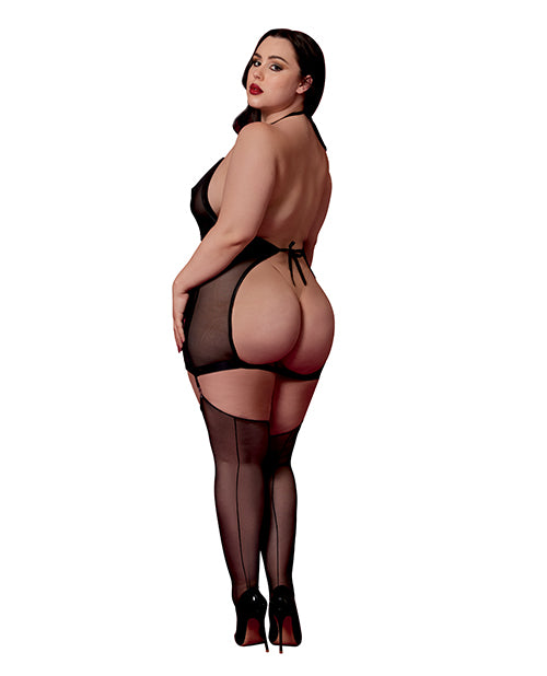 Red Diamond Stretch Mesh and Faux Leather Gartered Chemise w/Removable Flogger - Black QN - Image 2