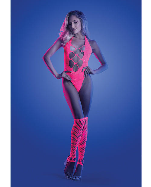 Glow by Fantasy Lingerie Glow Flashback Black Light Reactive Rhinestone Teddy w/Gloves (or Leg Warmers) - Neon Pink O/S - Ima