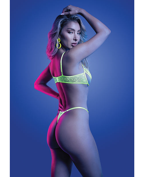 Glow by Fantasy Lingerie Mind Control UV Reactive Lace and Mesh Underwire Bra & Thong - Neon Green S/M - Image 2
