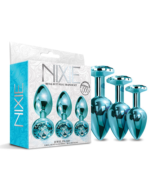 Nixie Nixie Metal Butt Plug Trainer Set w/Inlaid Jewel - Blue Metallic - Image 2