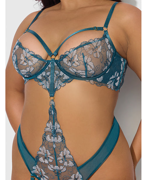 House of Desire Nova Lace Teddy w/Garters - Jade Blue 1X/2X - Image 2