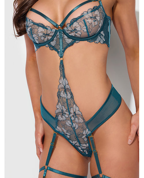 House of Desire Nova Lace Teddy w/Garters - Jade Blue LG - Image 2