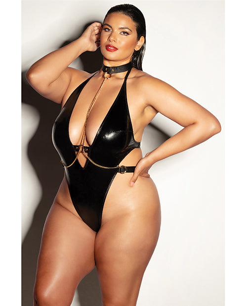 Fetish by Oh la la Cheri FETISH Submissive V-Plunge Vinyl Teddy w/Removable Chain Harness & Hand Cuff Black 1X/2X - Image
