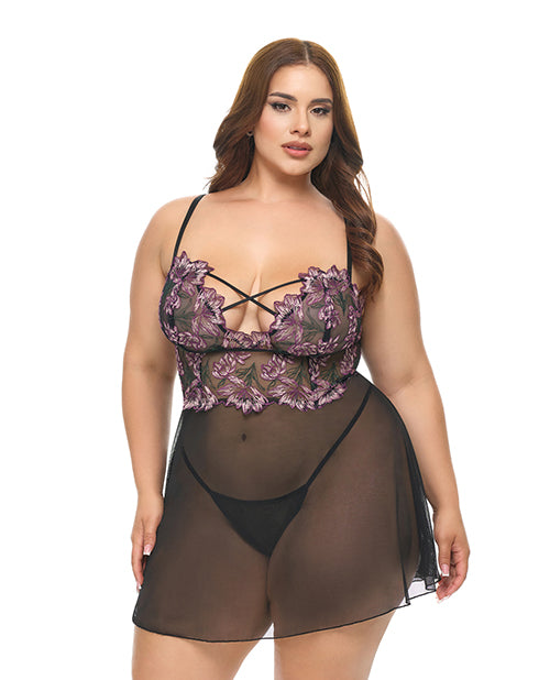 Oh La La Cheri Adela Embroidered Boned Lace and Mesh Babydoll w/G-String 2 pc Set - Black/Pink 2X - Image 2