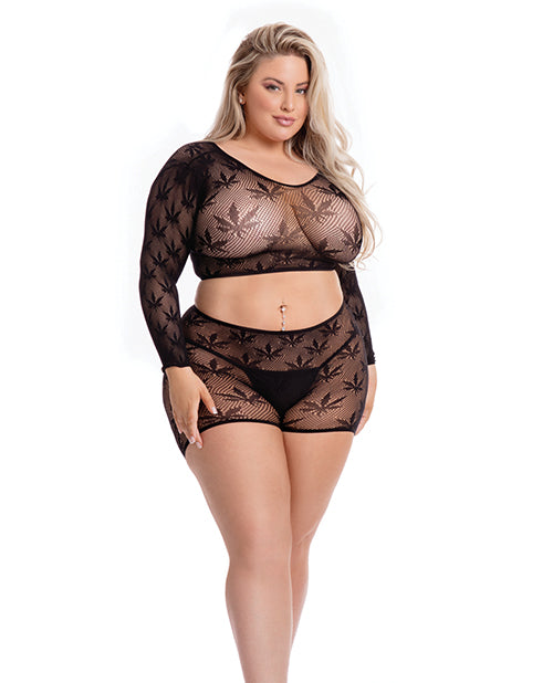 Pink Lipstick Pink Lipstick Leaf it to Me Long Sleeve Crop Top & Short Black QN - Image 2