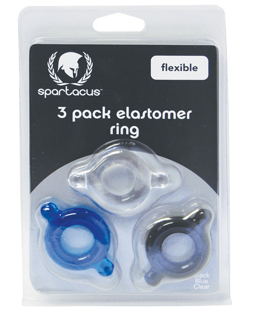 Spartacus Spartacus Elastomer Cock Ring Set - Black, Blue &amp; Clear Pack of 3