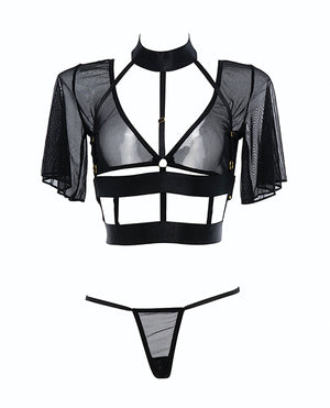 Adore Adore Dreamer Sheer Mesh Strappy Top &amp; Thong Black O/S - Image 5