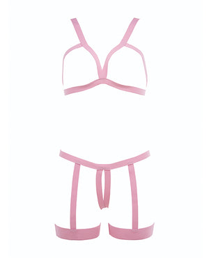 Kitten Teaser Strappy Open Cup Bra & Open Panty w/Leg Straps Pink O/S