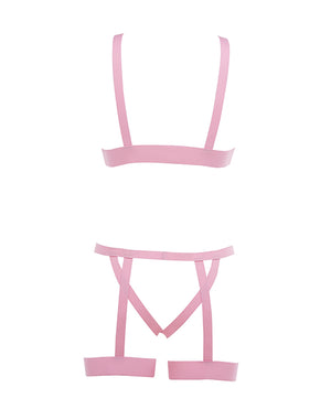 Kitten Teaser Strappy Open Cup Bra & Open Panty w/Leg Straps Pink O/S
