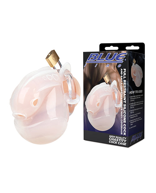 Blue Line Full Restraint Silicone Cock &amp; Balls Chastity Device - 100% Coverage White