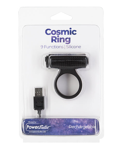 Power Bullet Cosmic Cock Ring w/Rechargeable Bullet - 9 Functions Black