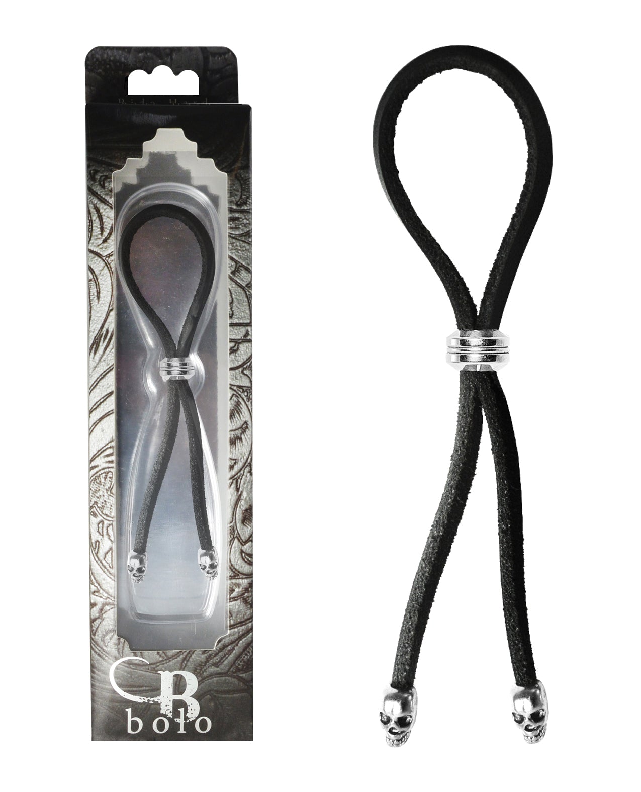 Bolo Bolo Cock Ring Leather Lasso Bead Slider w/Skull Tips - Black/Silver