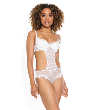 Coquette Stretch Mesh Ruffled Crotchless Teddy White MD