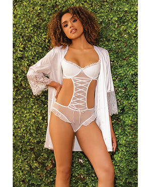 Coquette Stretch Mesh Ruffled Crotchless Teddy White MD - Image 4