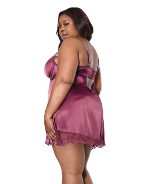 Scallop Lace Trimmed Stretch Satin Chemise w/Underwire Cups - Mauve Plum 3X/4X - Image 2