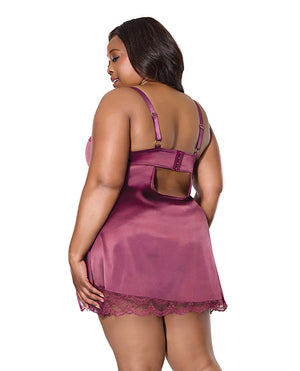 Scallop Lace Trimmed Stretch Satin Chemise w/Underwire Cups - Mauve Plum 3X/4X - Image 3