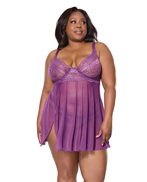 Coquette Metallic Stretch Lace &amp; Mesh Babydoll w/Thong - Purple 1X/2X