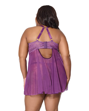 Coquette Metallic Stretch Lace &amp; Mesh Babydoll w/Thong - Purple 1X/2X - Image 3
