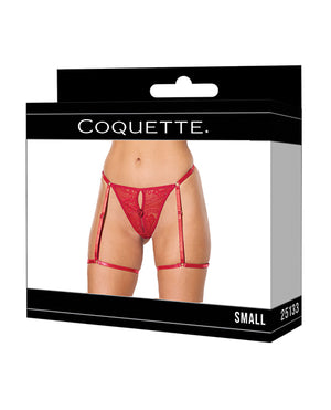 Coquette Lace Thong w/Garters and Bow Detail - Red SM - Image 4