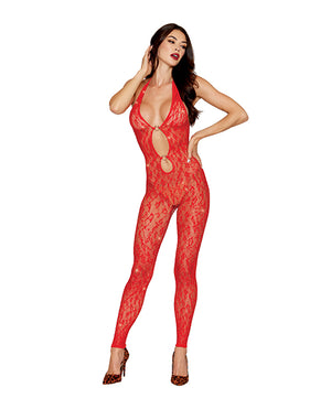 Black Diamond Leopard Pattern Seamless Bodystocking w/Gold Details - Red O/S