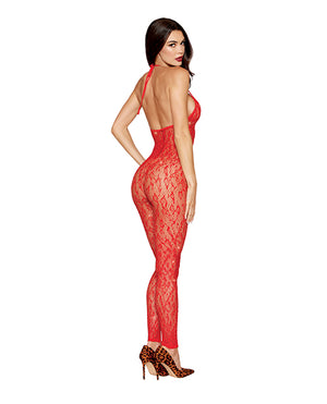 Black Diamond Leopard Pattern Seamless Bodystocking w/Gold Details - Red O/S - Image 2