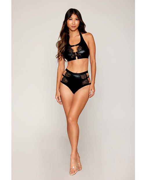Dreamgirl Stretch Faux Leather and Eyelash Lace Bralette w/High-Waisted Panty - Black SM