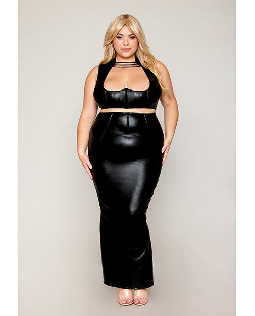 Dreamgirl Stretch Faux Leather Harness Bra &amp; Long Slip Skirt - Black 1X