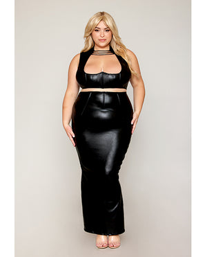 Dreamgirl Stretch Faux Leather Harness Bra &amp; Long Slip Skirt - Black 1X