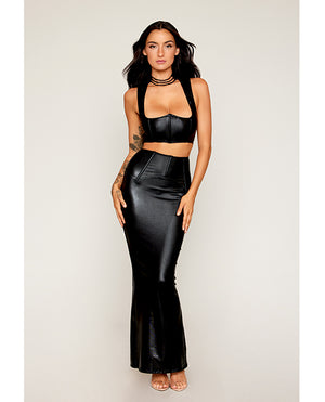 Dreamgirl Stretch Faux Leather Harness Bra &amp; Long Slip Skirt - Black MD