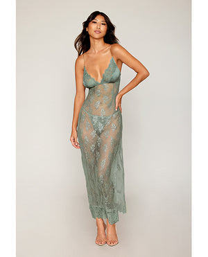 Dreamgirl Eyelash Lace &amp; Satin Long Chemise w/G-String - Sage Green SM