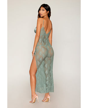 Dreamgirl Eyelash Lace &amp; Satin Long Chemise w/G-String - Sage Green XL - Image 2