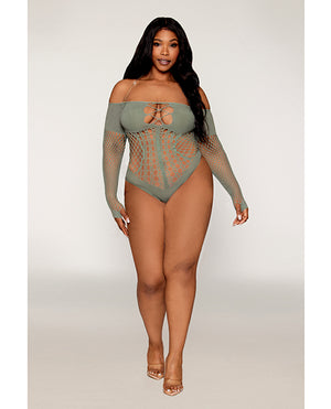 Red Diamond Long Sleeve Opaque and Fishnet Seamless Teddy w/Removable Halter Chain - Sage Green QN
