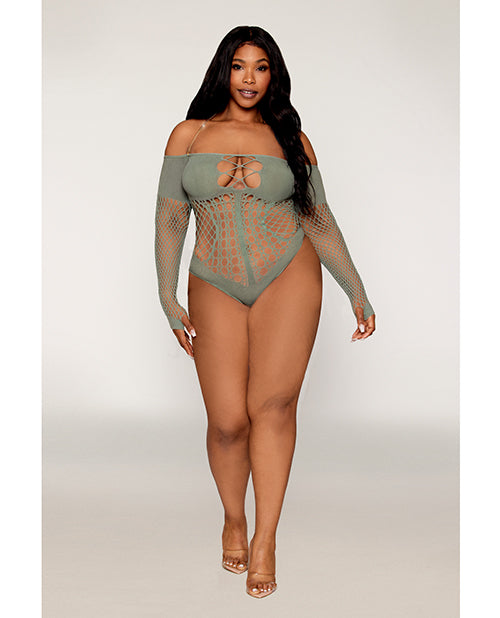 Red Diamond Long Sleeve Opaque and Fishnet Seamless Teddy w/Removable Halter Chain - Sage Green QN