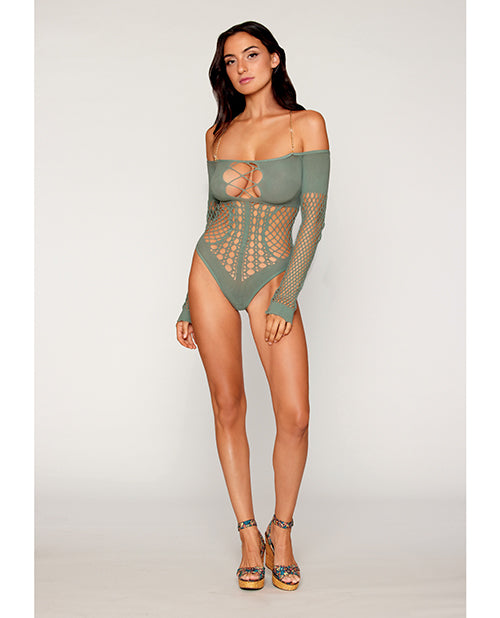 Red Diamond Long Sleeve Opaque and Fishnet Seamless Teddy w/Removable Halter Chain - Sage Green O/S