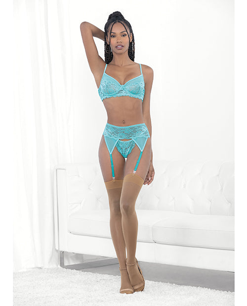 Escante Lace &amp; Mesh Underwire Bra, Garterbelt &amp; G-String Malibu Blue MD