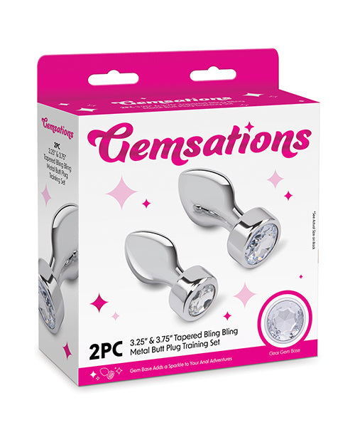 Gemsations Gemsations 2 pc 3.25" &amp; 3.7" Tapered Bling Bling Metal Butt Plug Training Set - Silver