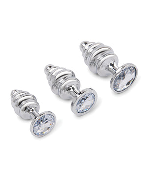 Gemsations 3 pc 2.95" & 3.25" & 3.7" Ripple Bling Bling Metal Butt Plug Training Set - Silver - Image 2