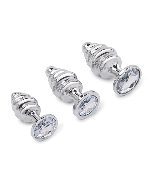 Gemsations 3 pc 2.95" & 3.25" & 3.7" Ripple Bling Bling Metal Butt Plug Training Set - Silver - Image 2