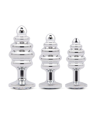Gemsations 3 pc 2.95" & 3.25" & 3.7" Ripple Bling Bling Metal Butt Plug Training Set - Silver - Image 3