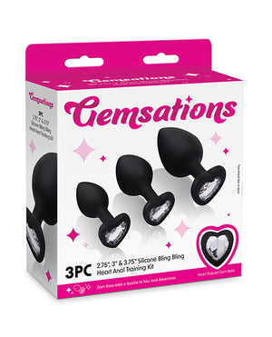 Gemsations Gemsations 3 pc 2.75" &amp; 3.15" &amp; 3.7" Silicone Bling Bling Heart Butt Plug Training Set - Bl