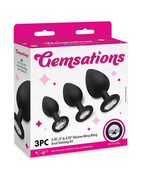Gemsations Gemsations 3 pc 2.75" &amp; 3.15" &amp; 3.7" Silicone Bling Bling Butt Plug Training Set - Black