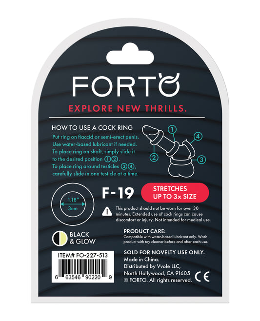 Forto Forto F-19 Two Tone Liquid Silicone Cock Ring - Black/Glow in the Dark
