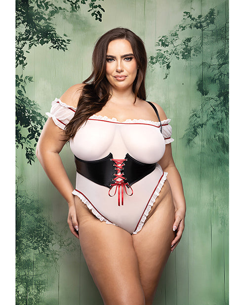 Dangerous Darling Sheer Mesh Ruffle Teddy w/Waist Cincher & Hooded Cape 3 pc Set - Black/White 3X/4X - Image 2