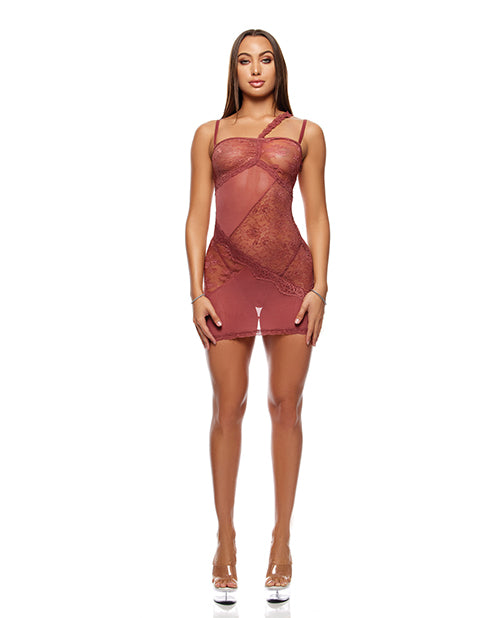 Forplay Patch of Petals Sheer Mesh and Lace Chemise w/Thong 2 pc Set - Mauve SM