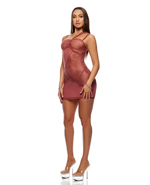 Forplay Patch of Petals Sheer Mesh and Lace Chemise w/Thong 2 pc Set - Mauve SM - Image 2