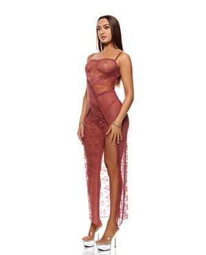 Patch of Petals Sheer Mesh and Lace Gown w/Thong 2 pc Set - Mauve LG - Image 2