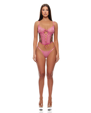 Forplay Animal Instincts Mesh Bustier &amp; Panty 2 pc Set - Pink Leopard SM