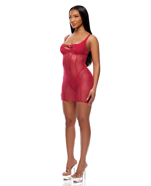 Layers To This Sheer Mesh and Knit Chemise w/Thong 2 pc Set - Pink LG - Image 2