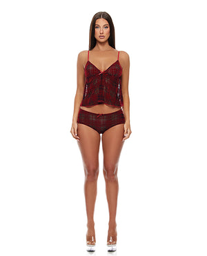 Forplay Velvet Lines Mesh Cami &amp; Boy Short 2 pc Set - Red/Black MD